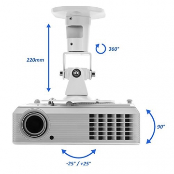 deleyCON Universal Beamer / Projektor Deckenhalterung / +-25° Neigbar - 360° Schwenkbar - bis 15Kg - Deckenabstand 225mm - Kabelführung - Weiß - 5