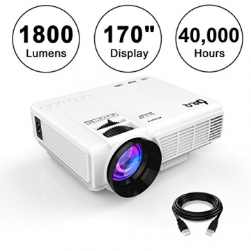 DR.Q 1800 Lumens Beamer, 4" Mini Projektor mit maximal 170" Bildgröße, 40000 Stunden, 1080P Videoprojektor, HDMI USB TF VGA AV Schnittstelle für Multimedien Heimkino, mit HDMI und AV Kabel, Weiß. - 1